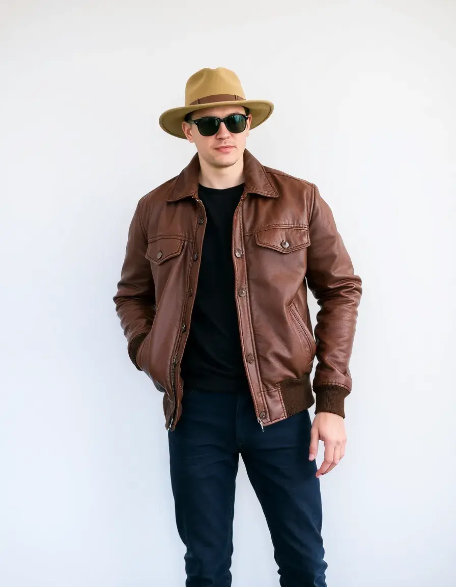 Brown vintage leather bomber jacket with ribbed cuffs