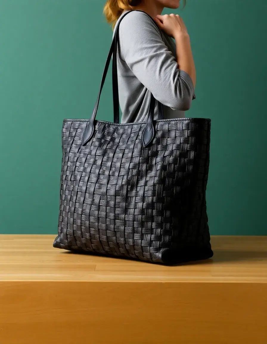 Black woven leather tote bag