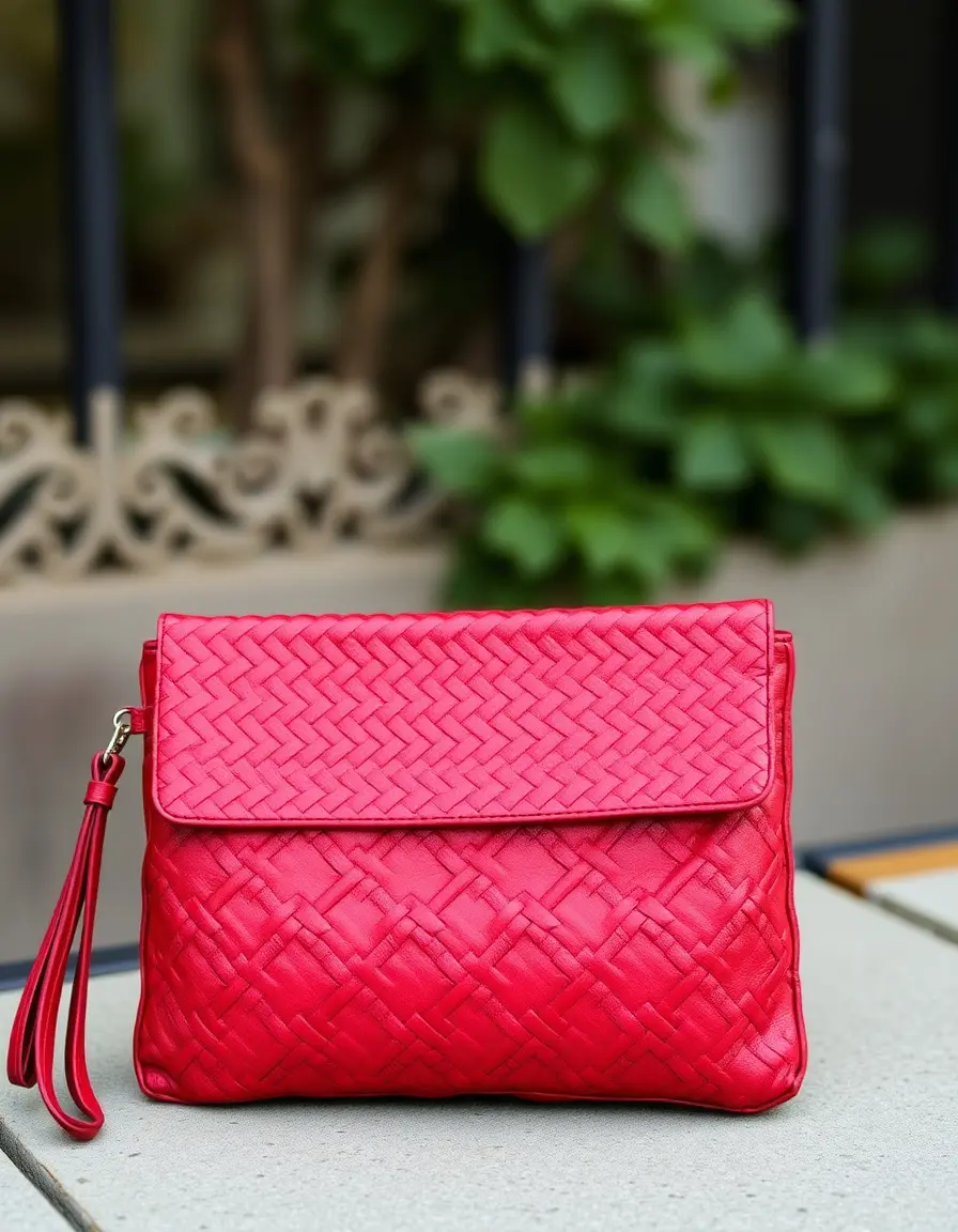 Red woven leather clutch