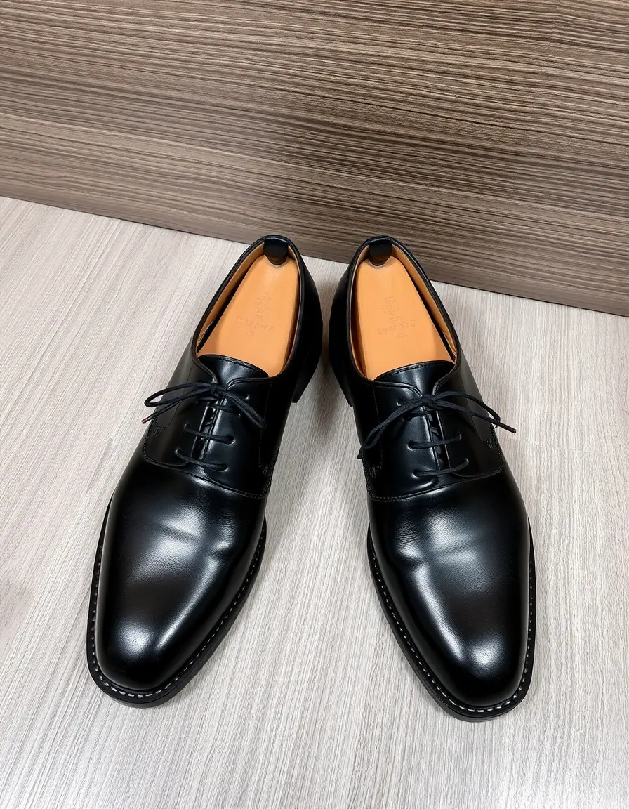 Men's black leather oxford dress shoes close up