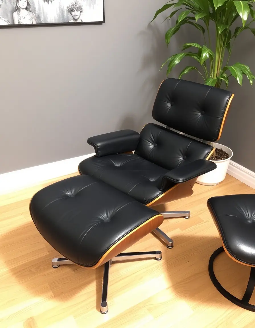Black leather lounge chair with ottoman in modern room