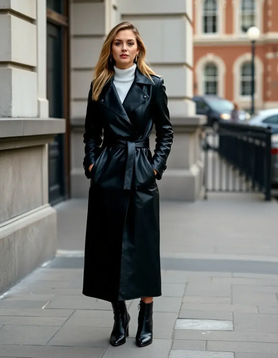 Black leather trench coat women showing sleek finish