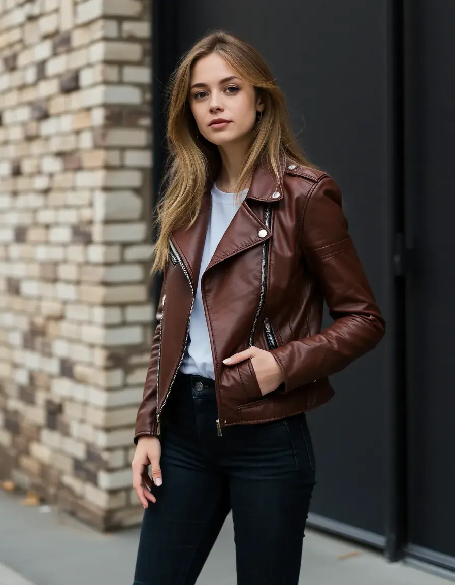 Brown moto leather jacket women with rugged texture