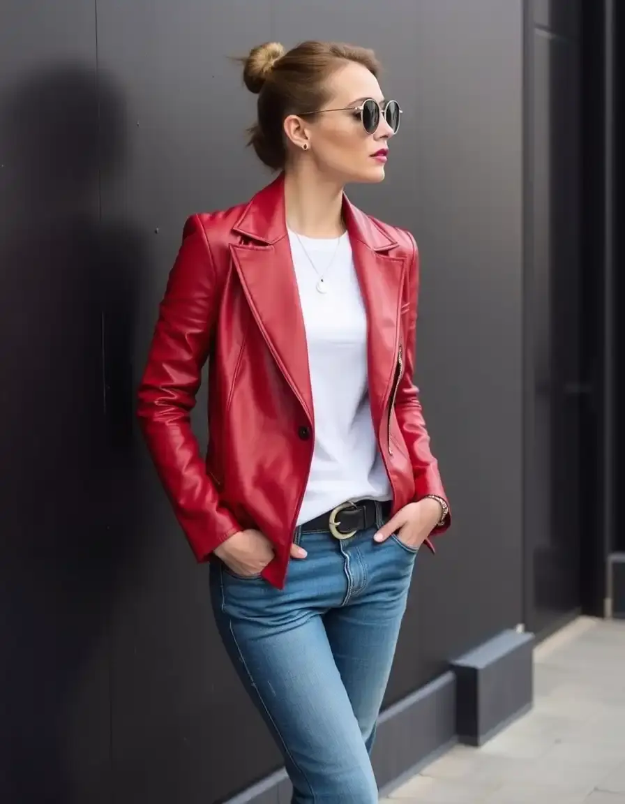 Red leather blazer jacket for women