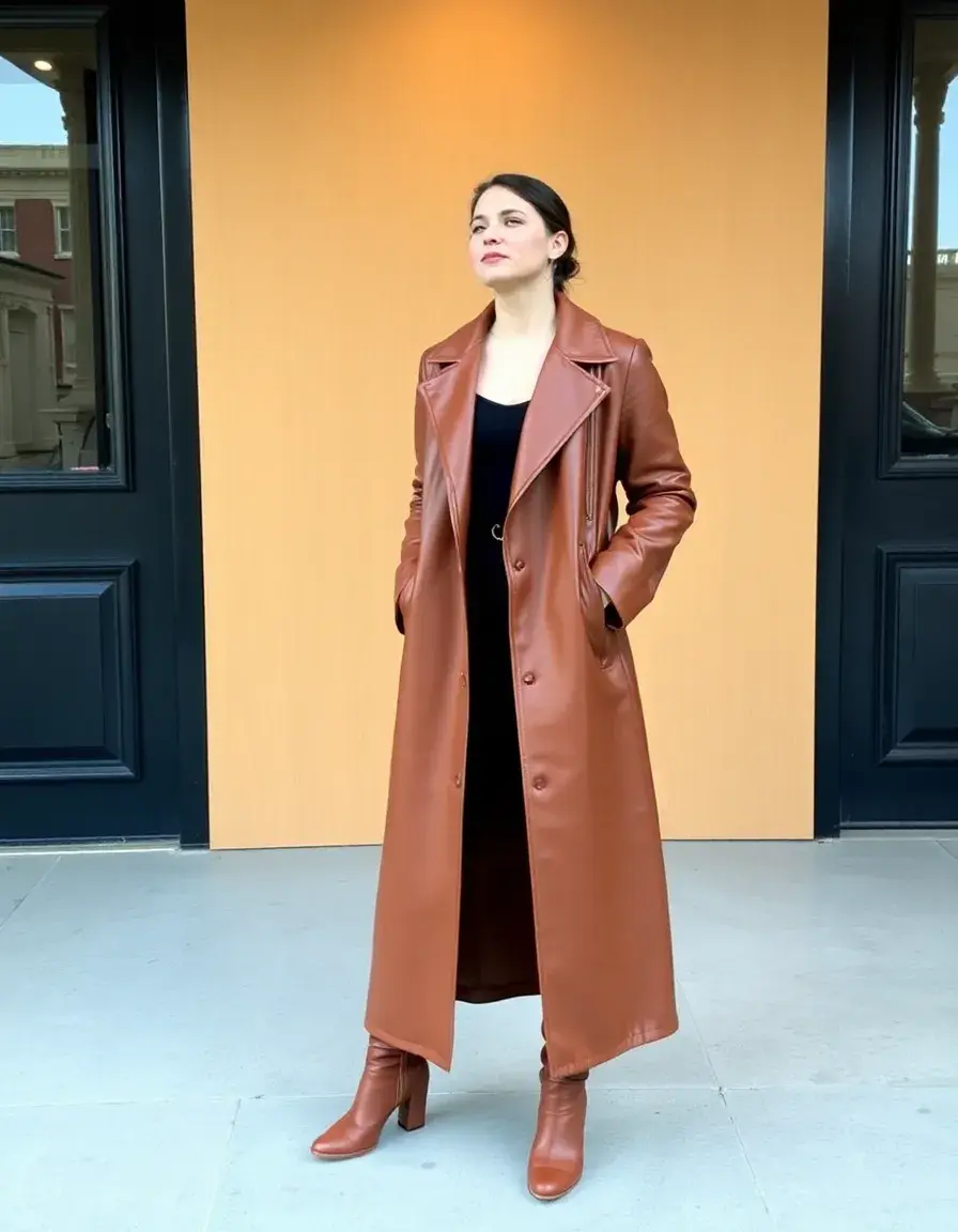 Long leather coat tan for women