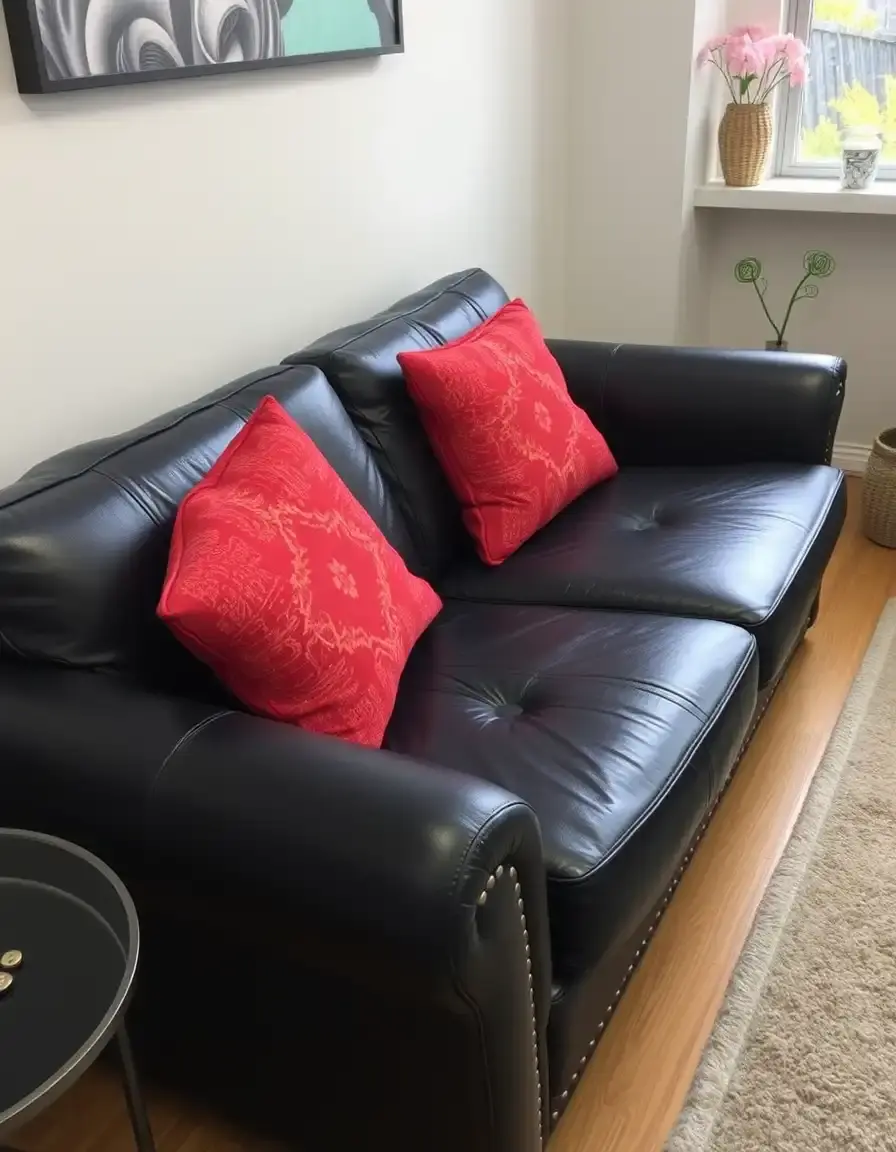 Black two seater leather sofa in a modern white room
