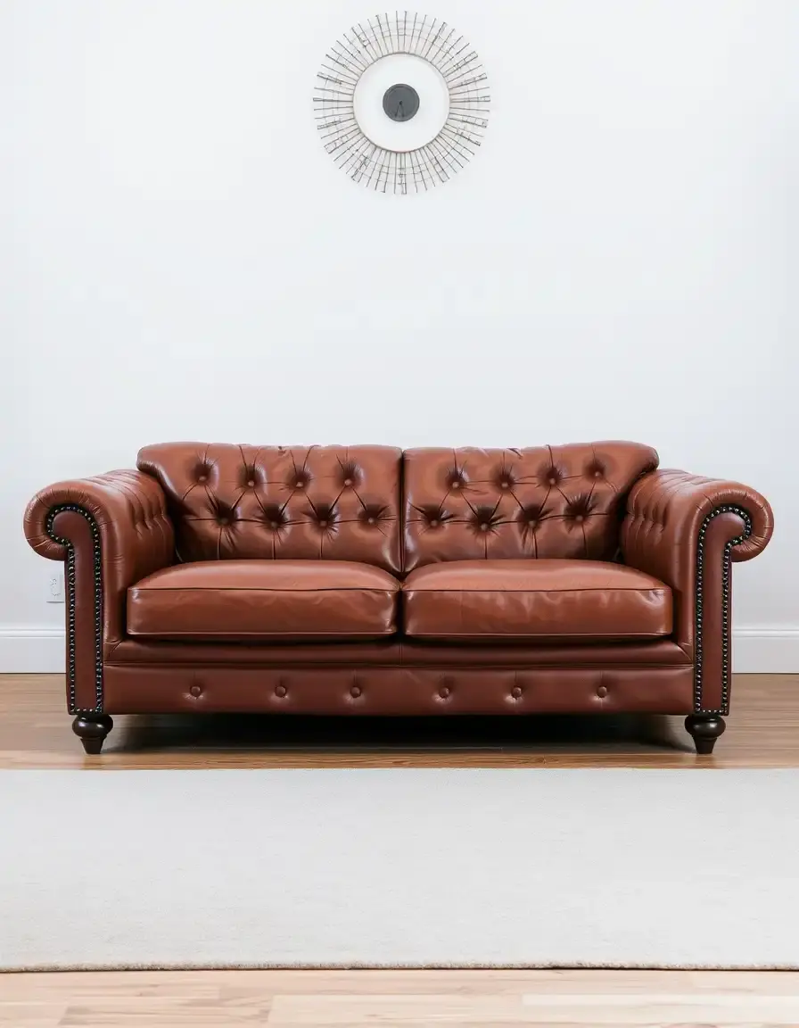 Brown two seater leather couch with rustic wooden floor