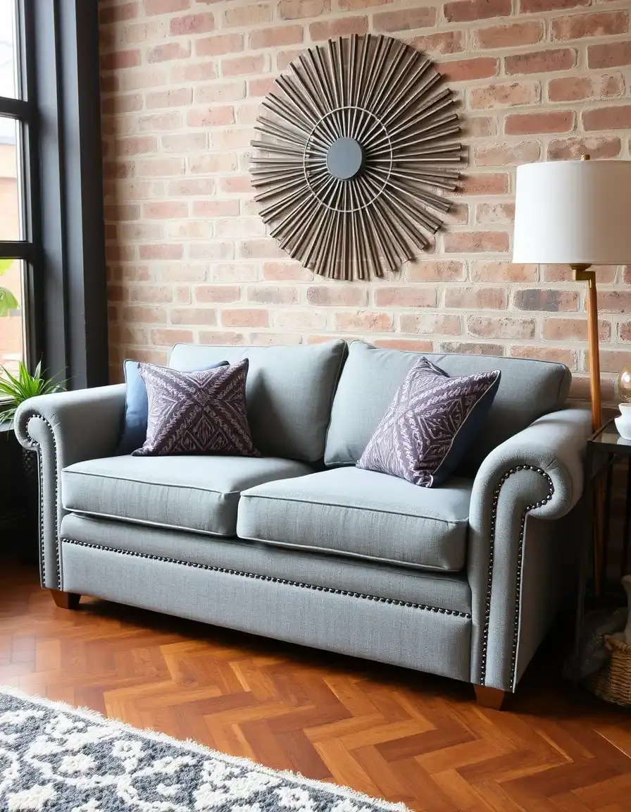 Gray two seater loveseat in a minimalist living room