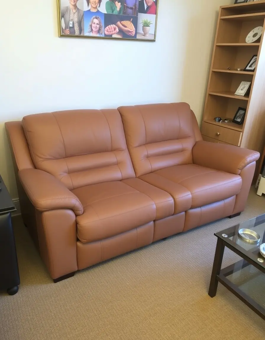Tan reclining two seater sofa with headrest