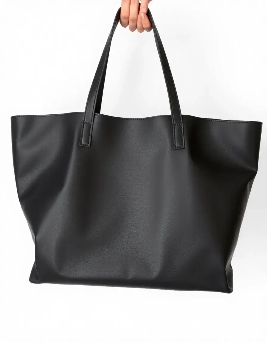 Large black leather tote bag, minimalist design