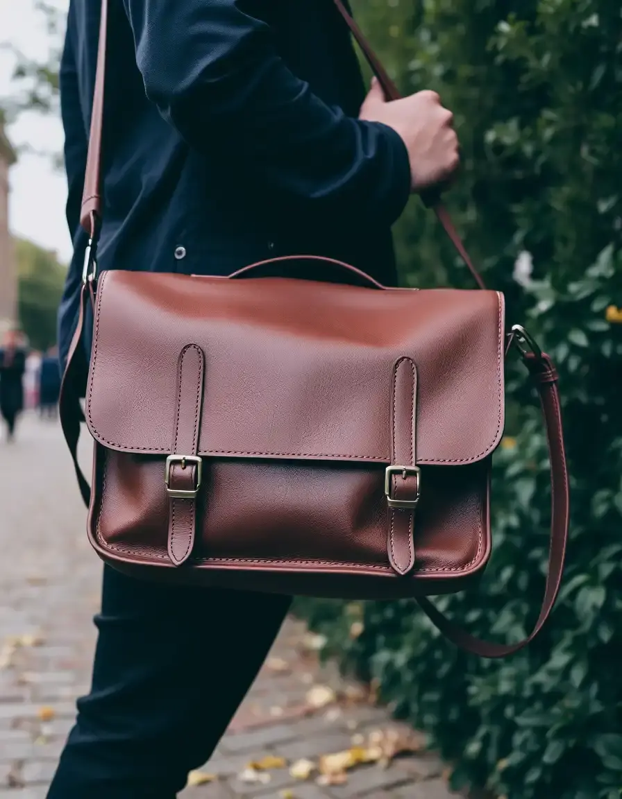 Classic brown leather messenger bag with buckle details