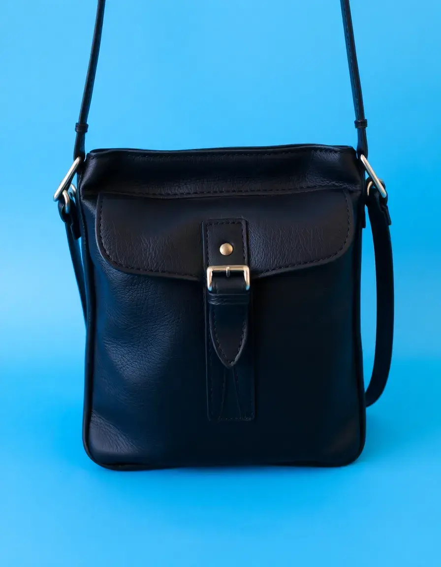 Sleek black leather crossbody bag