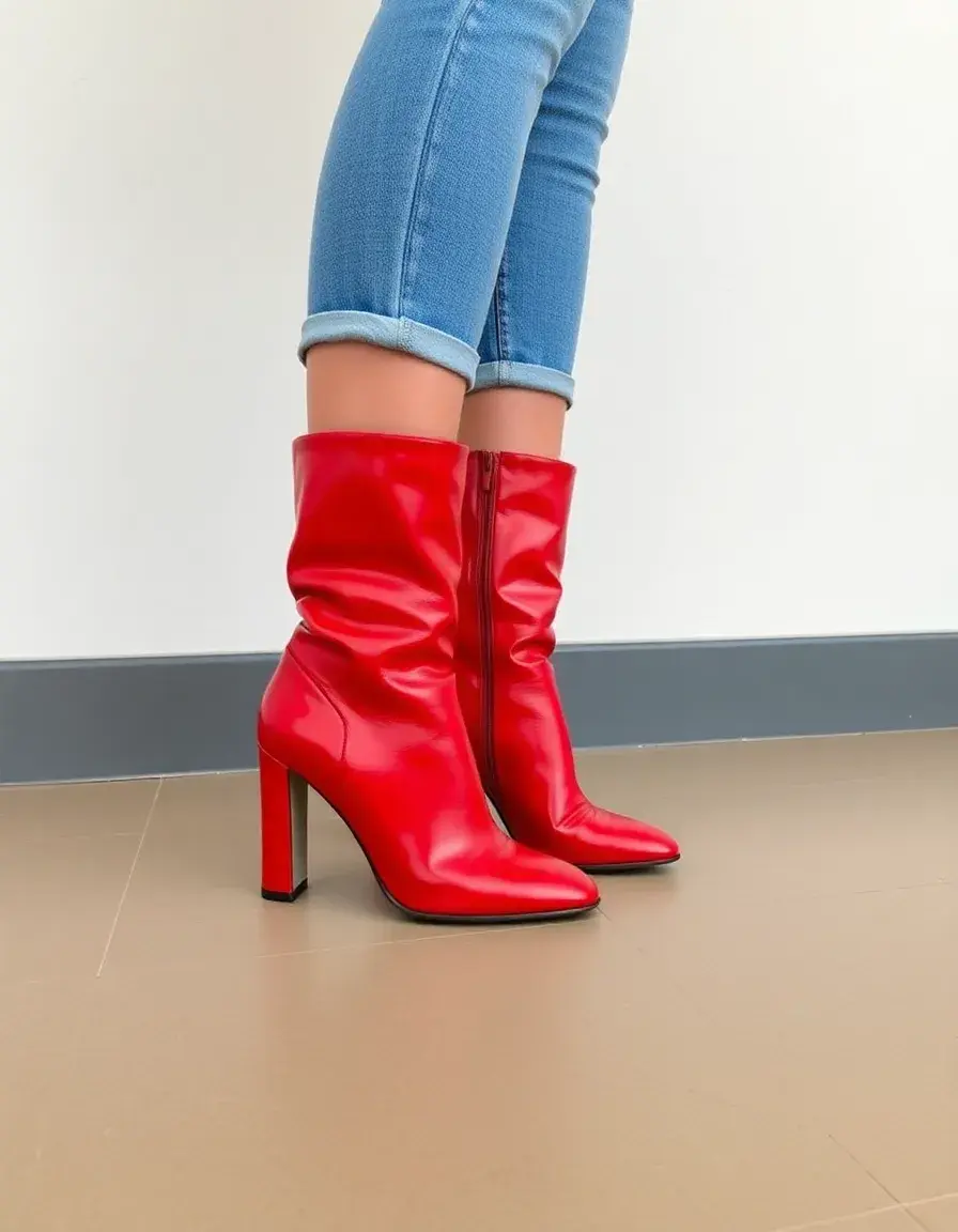 Red heeled leather boots for women