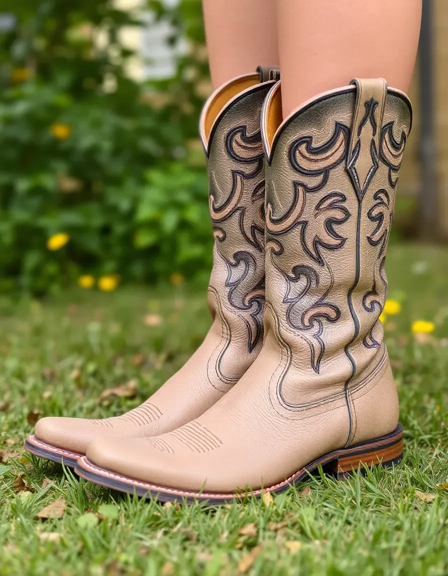 Gray cowboy leather boots