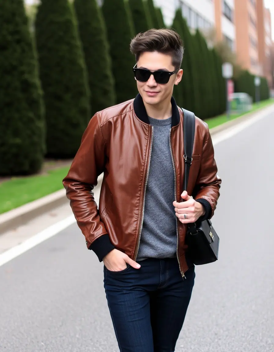 Brown faux leather bomber