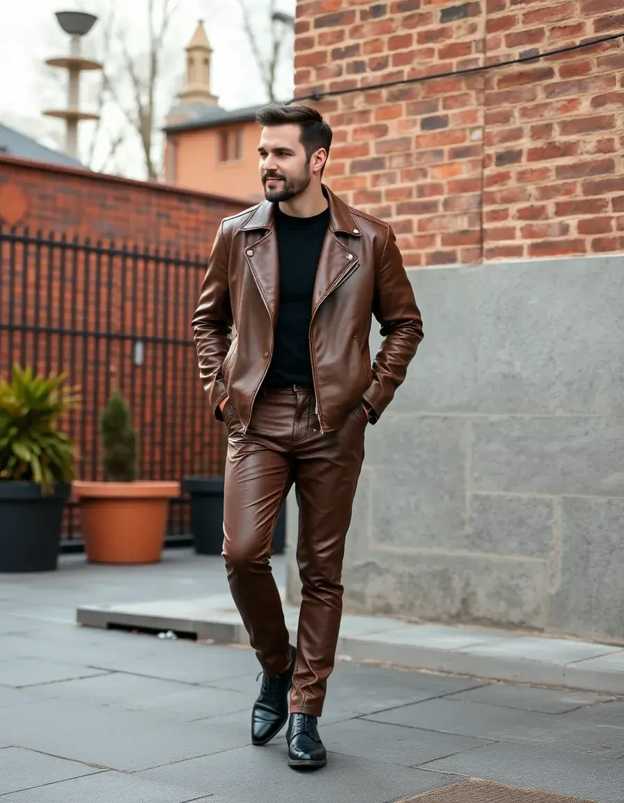 Men's Brown Faux Leather Trousers detail shot