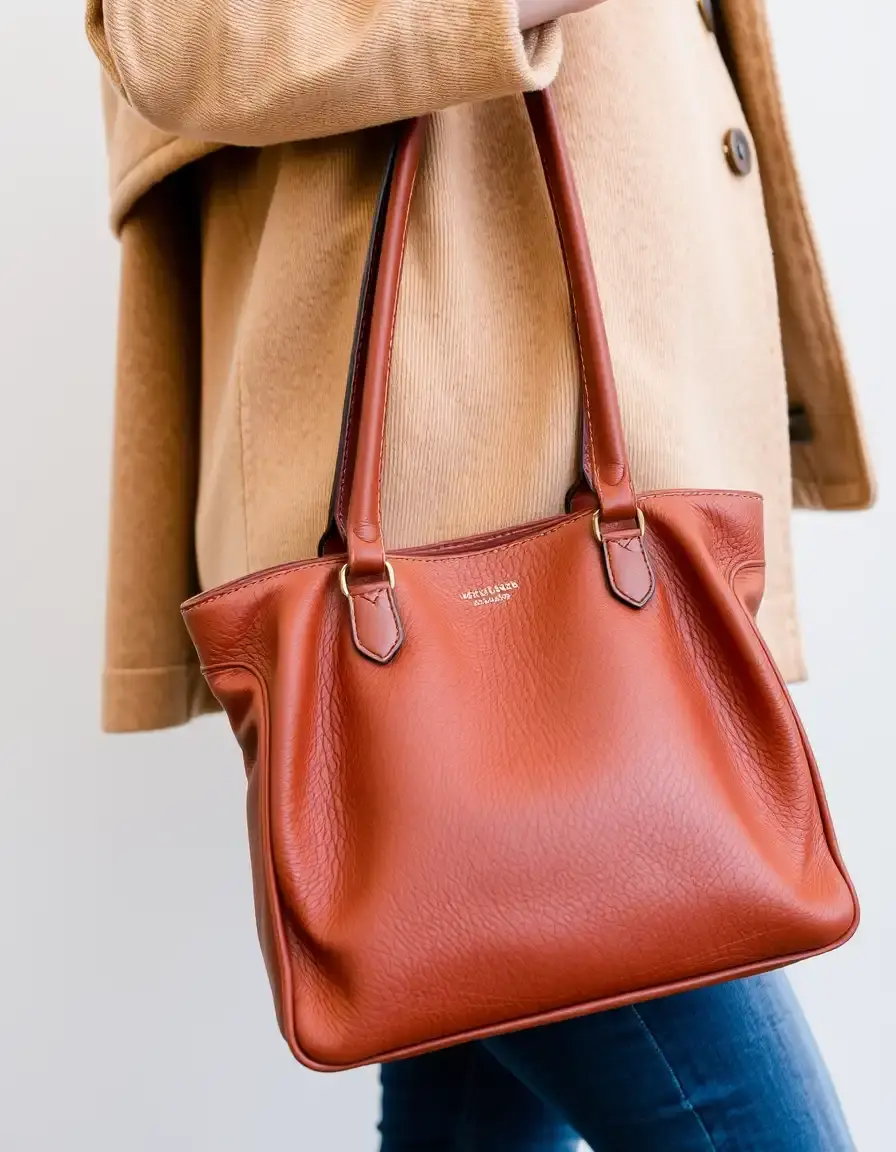 Brown faux leather handbag with elegant hardware