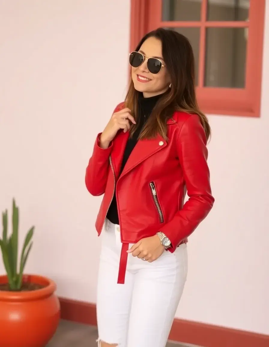 Vibrant red faux leather jacket close-up