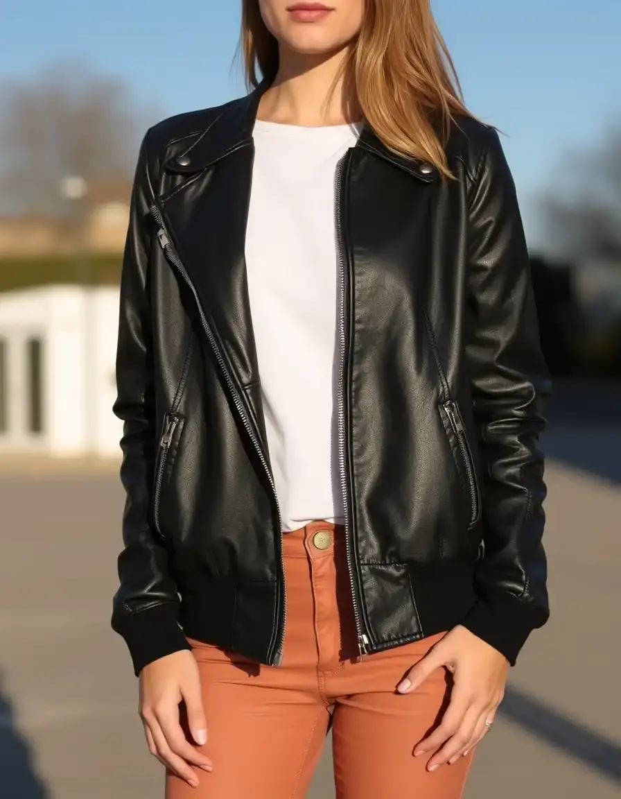Women's Black Leather Bomber Jacket