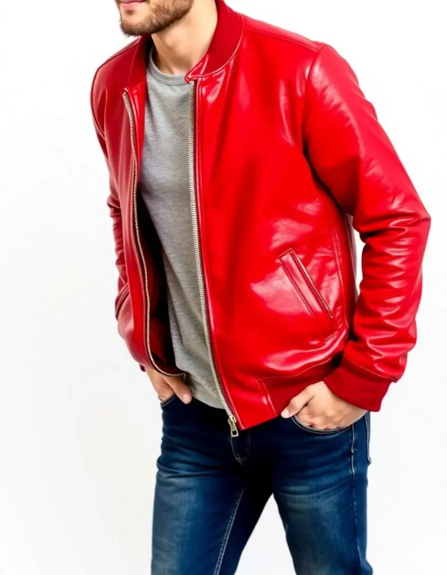 Red leather bomber jacket