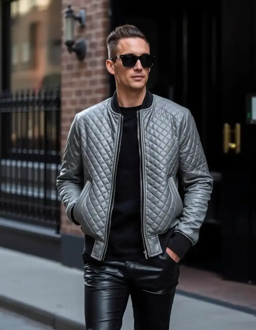 Gray quilted leather bomber