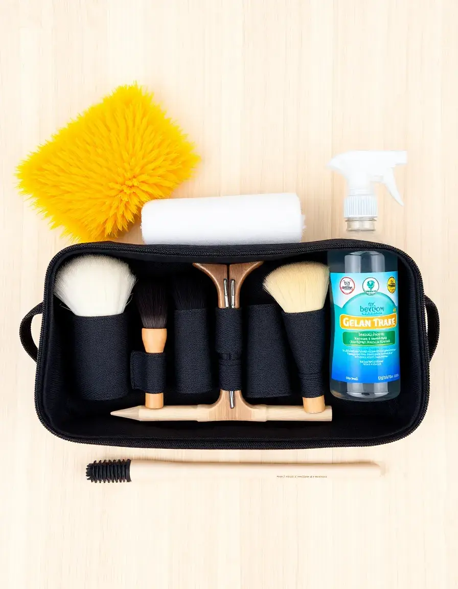 Comprehensive leather cleaning kit with brushes and bottles