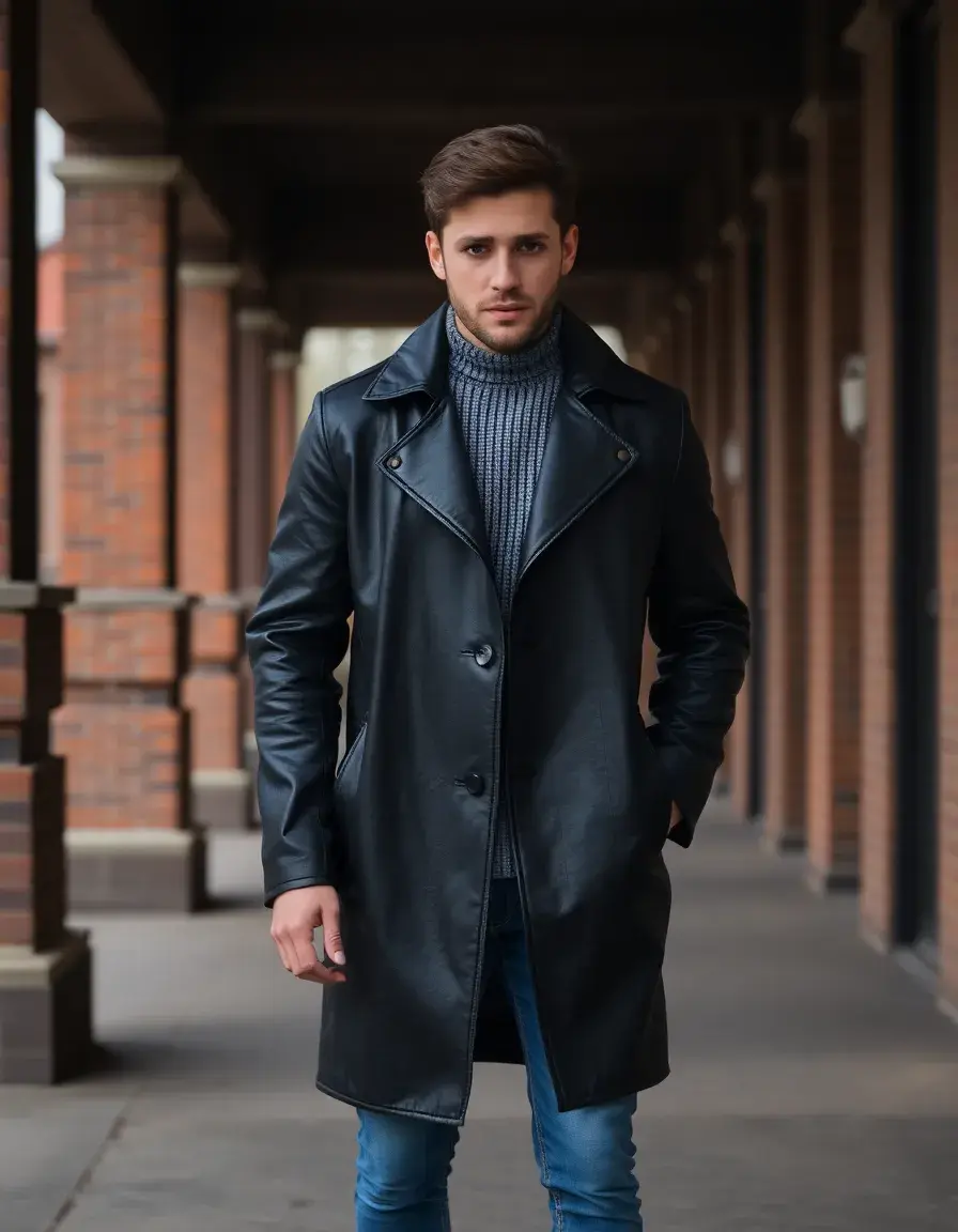 Men's Black Leather Trench Coat