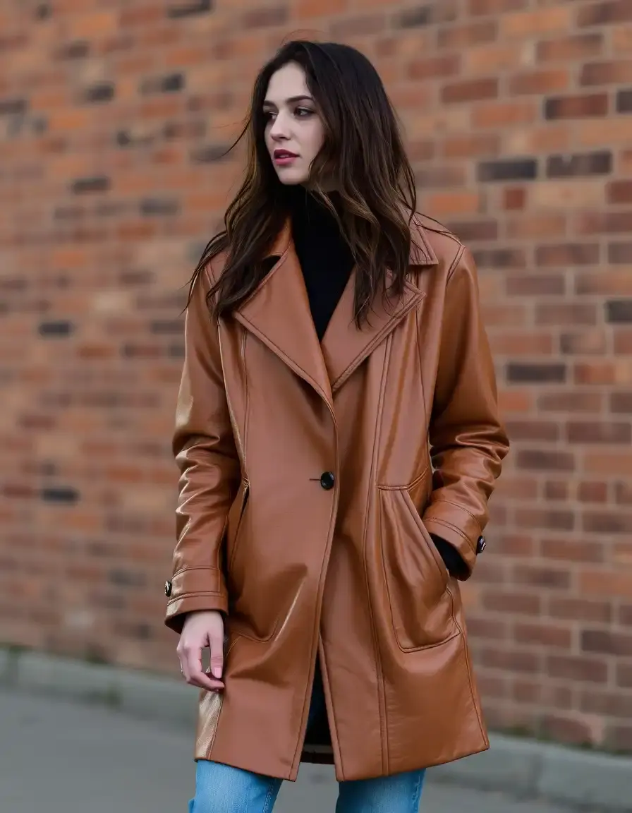 Women's Brown Leather Long Coat