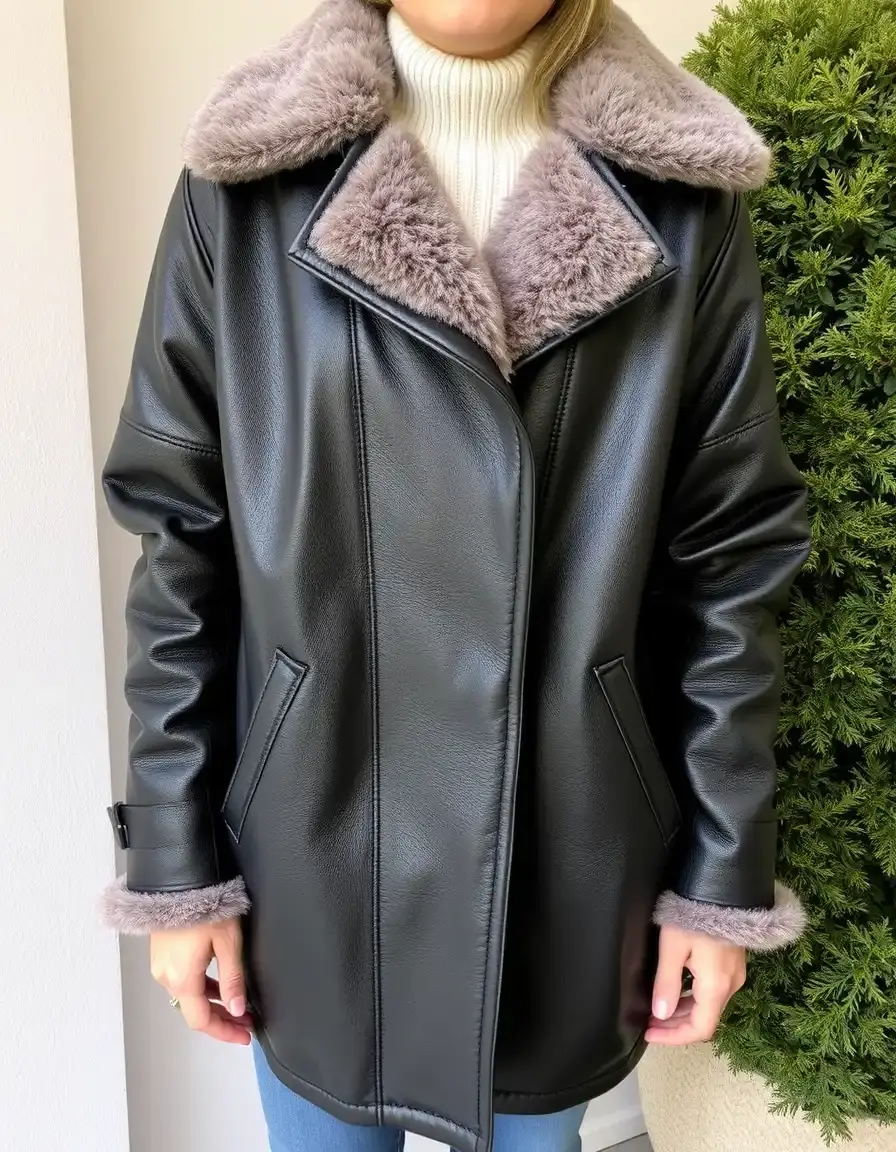 Fur Lined Leather Coat Black