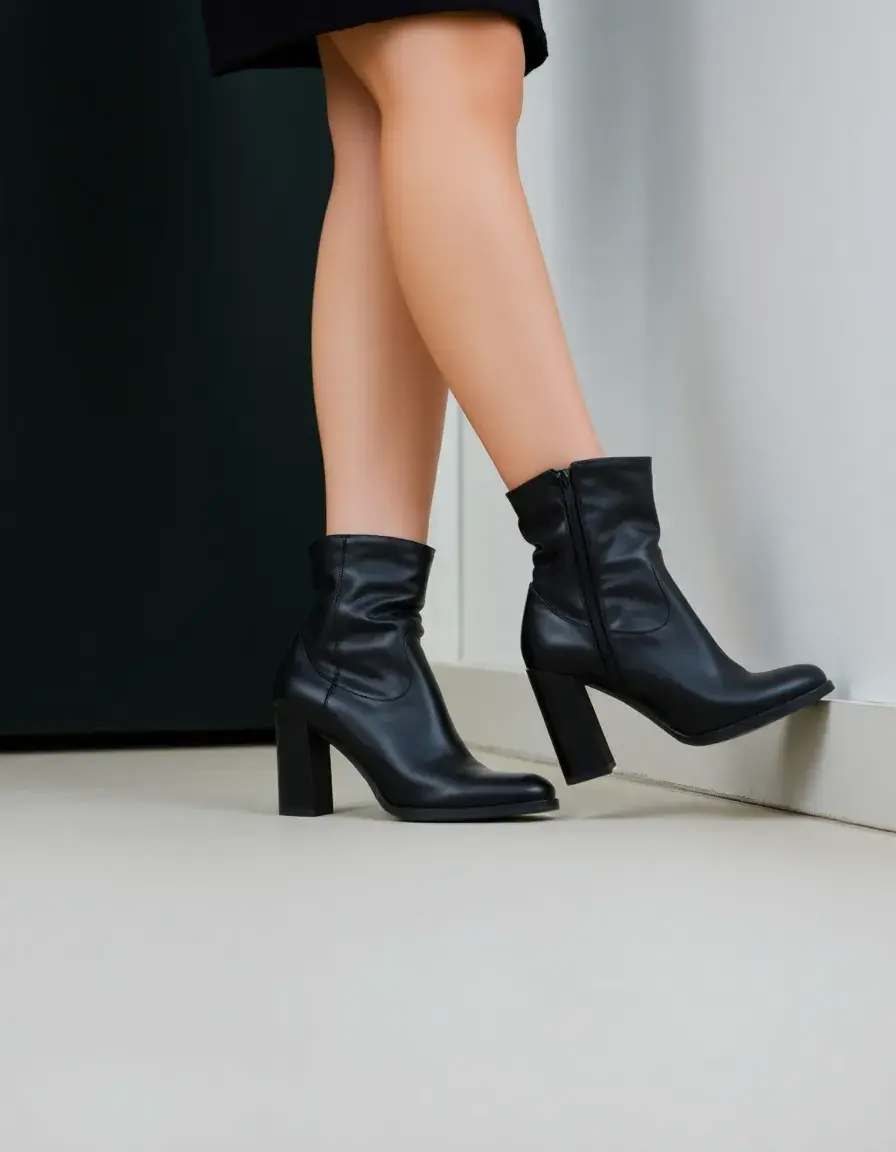 Sleek black heeled leather dress boots for women