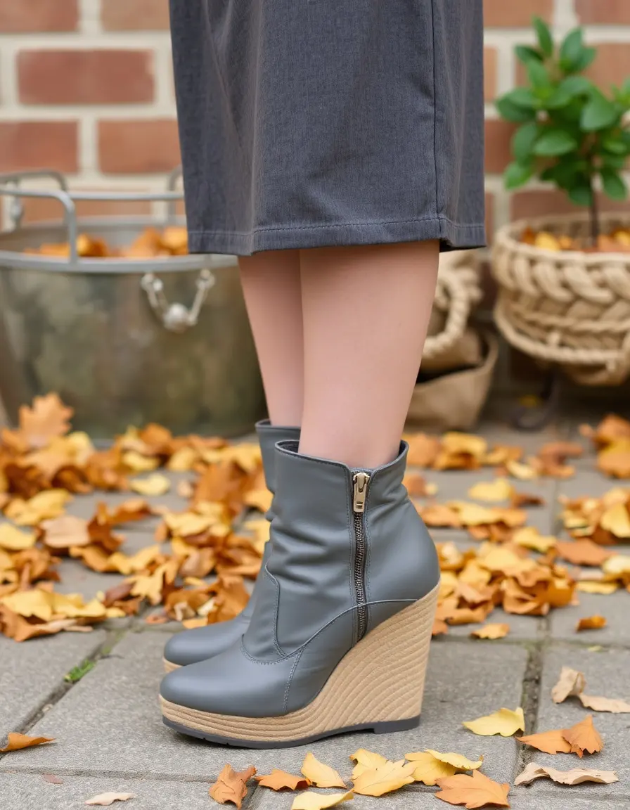 Gray leather wedge dress boots for women