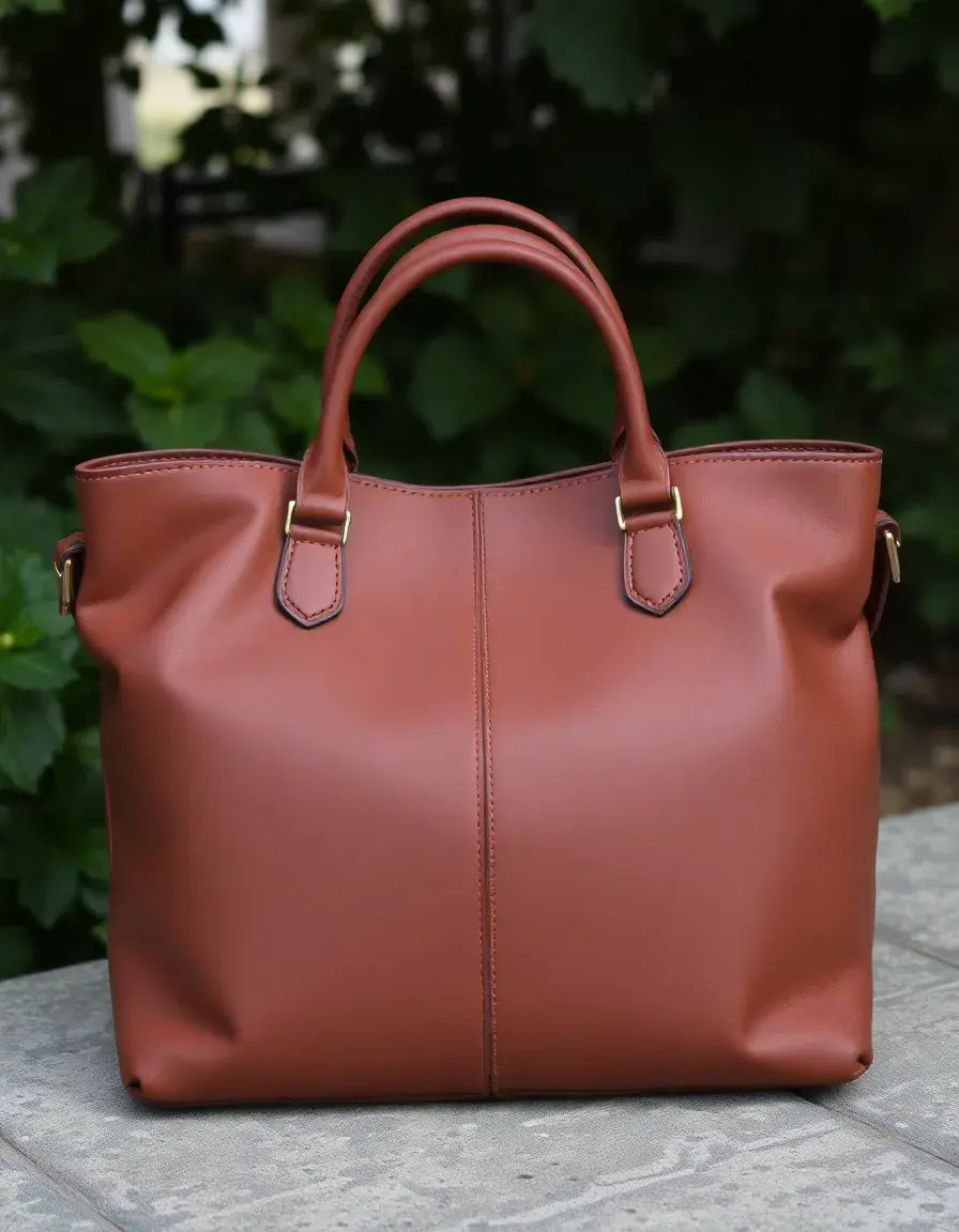 Faux brown leather handbag with modern hardware