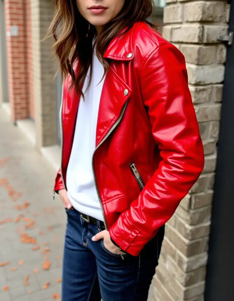 Genuine red leather jacket with silver zippers