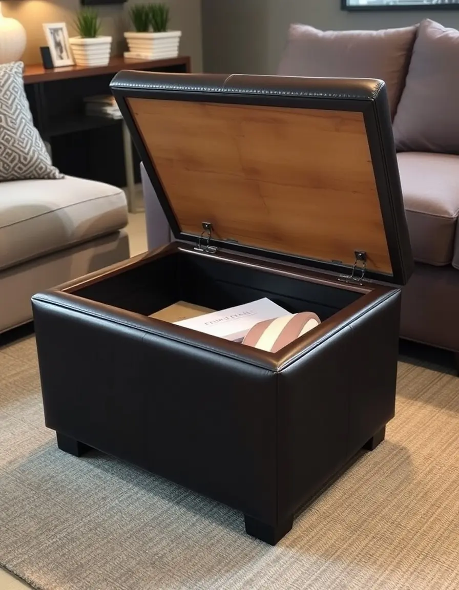 Leather storage ottoman with lid open showing interior