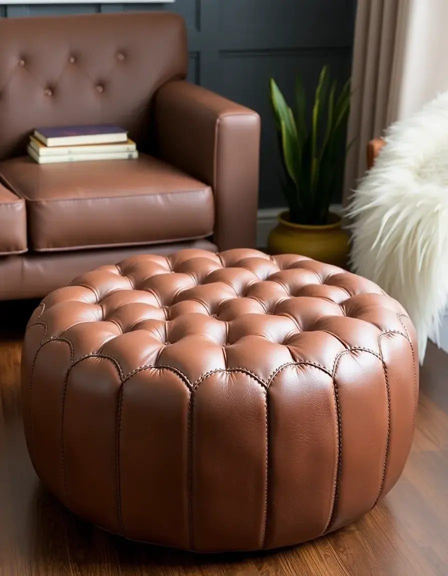 Round leather ottoman in a cozy corner