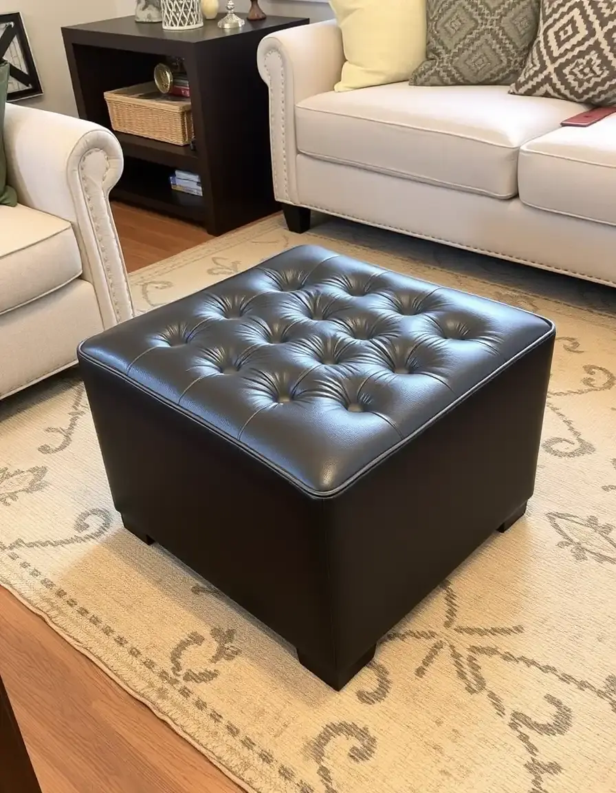 Square leather ottoman used as a footrest