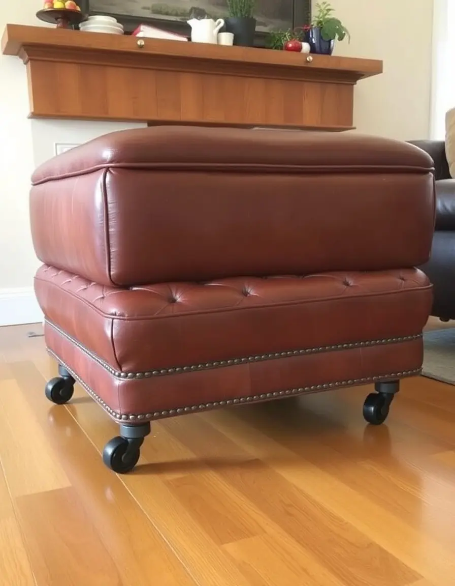 Leather ottoman with wheels for mobility