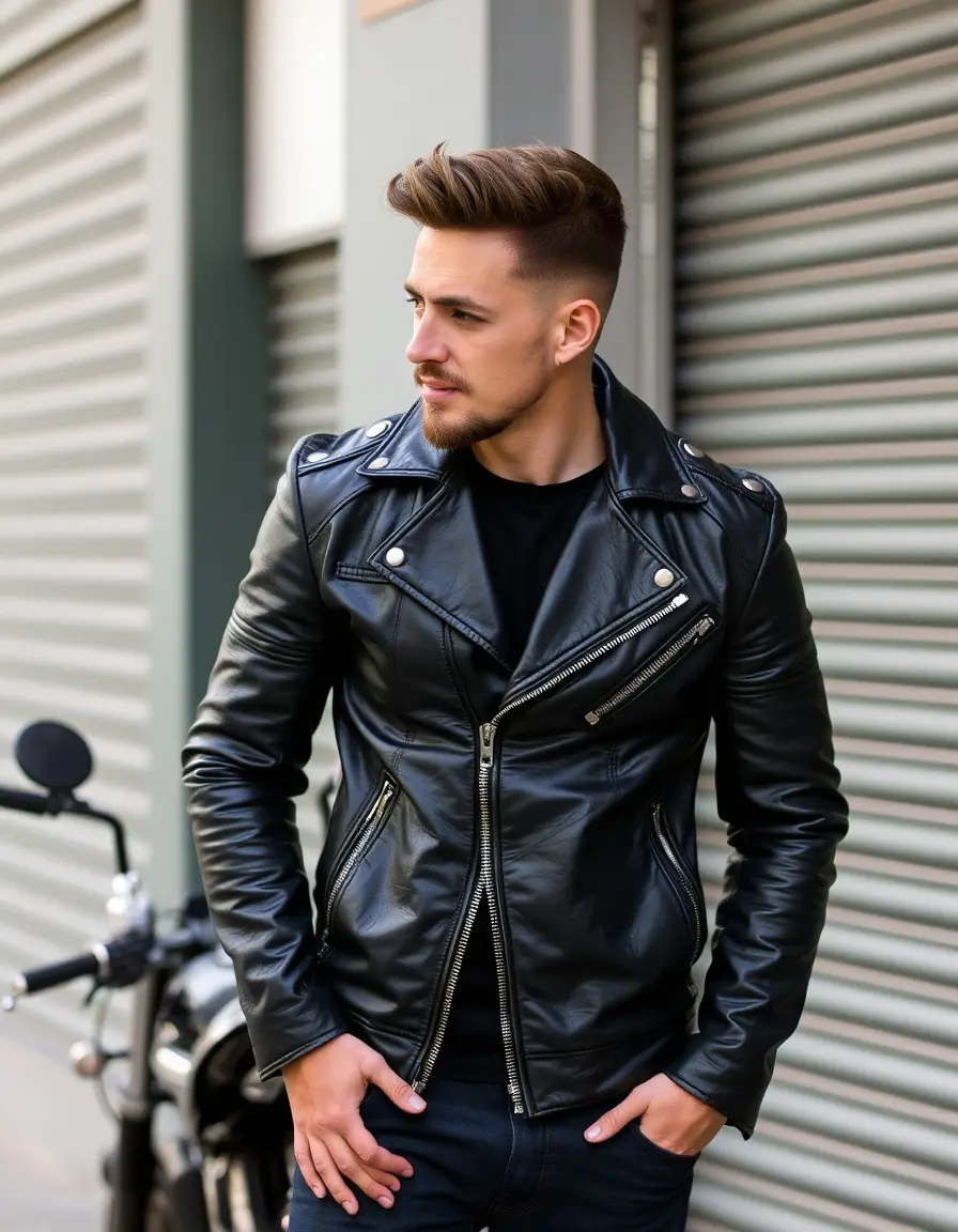 Classic black leather moto jacket for men showcasing sleek grain