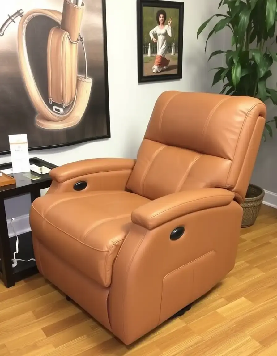 Tan power lift leather recliner