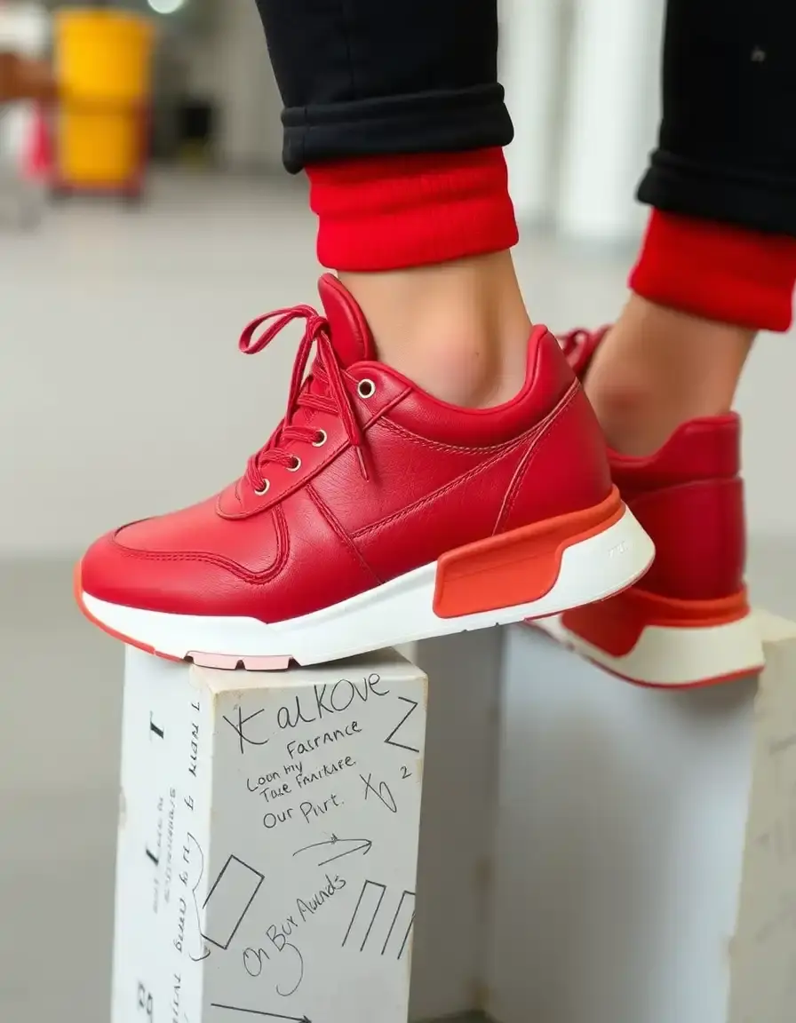 Red fashion leather trainers