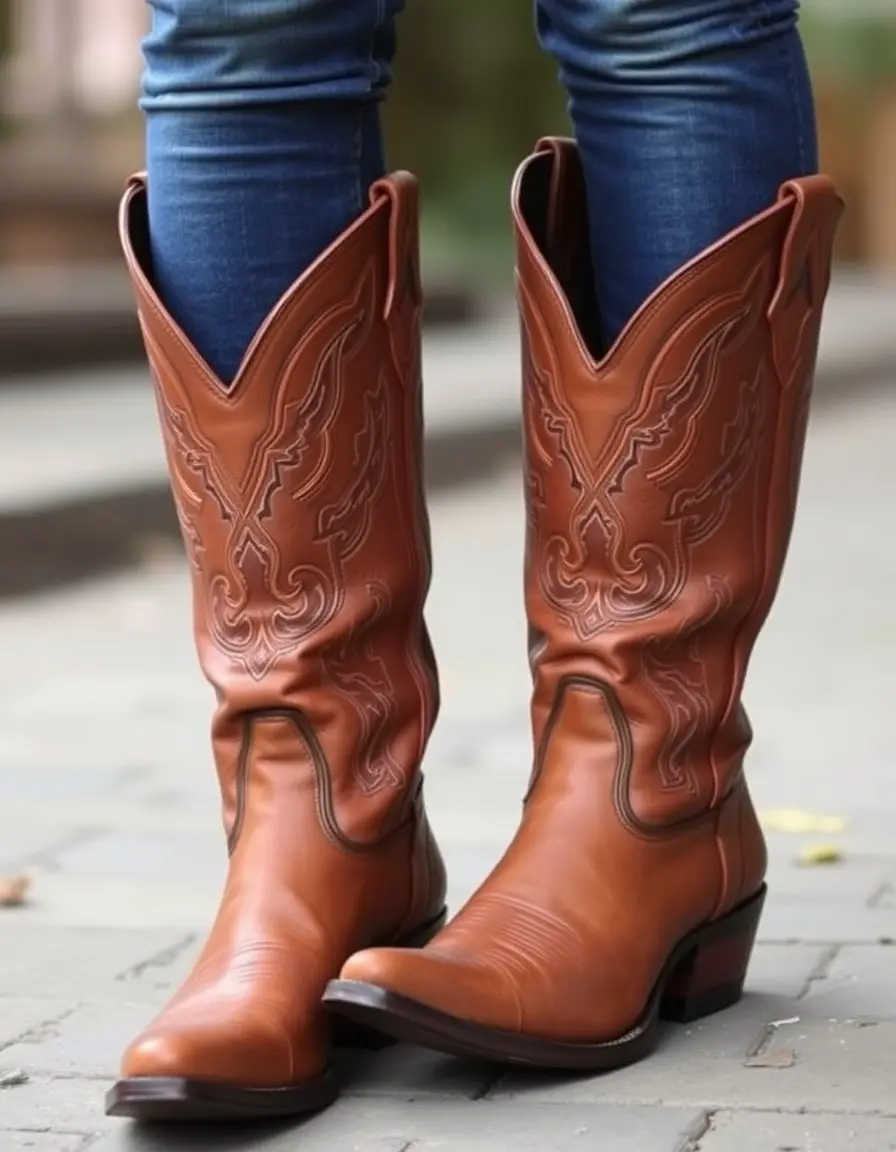 Tan cowboy leather boots traditional style
