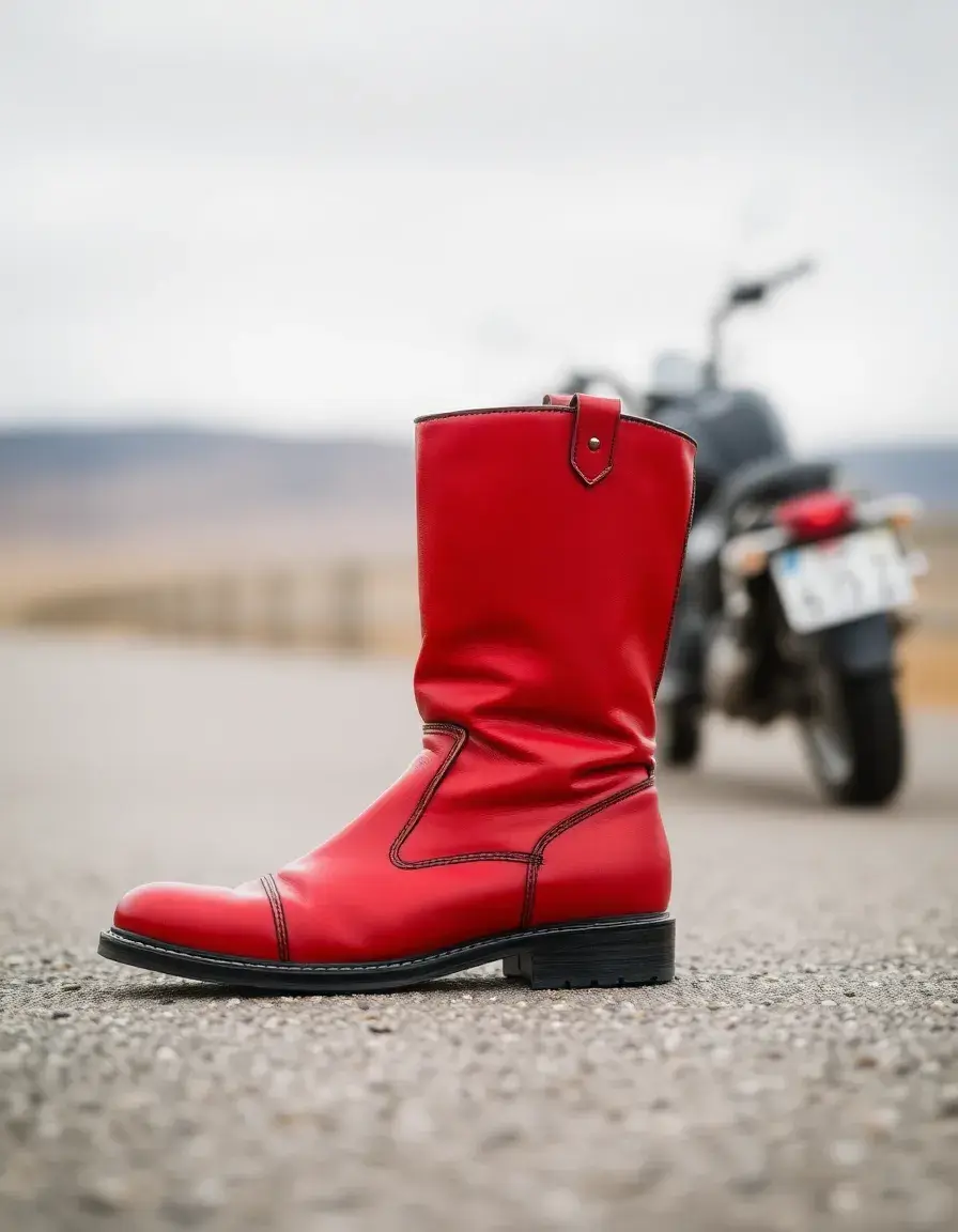 Red motorcycle leather boots bold fashion