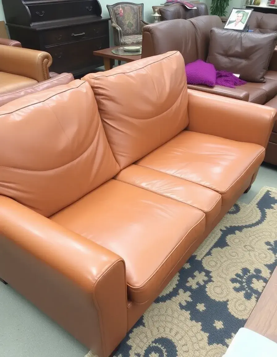 Close-up of a tan leather sofa showing natural texture and warm tones