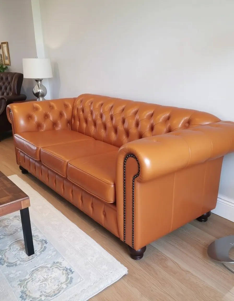 Tufted tan leather sofa