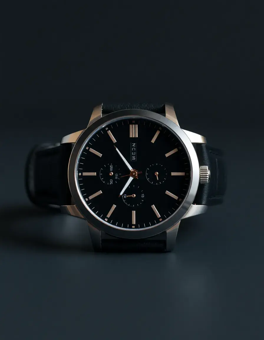 Men's black leather strap watch with minimalist dial