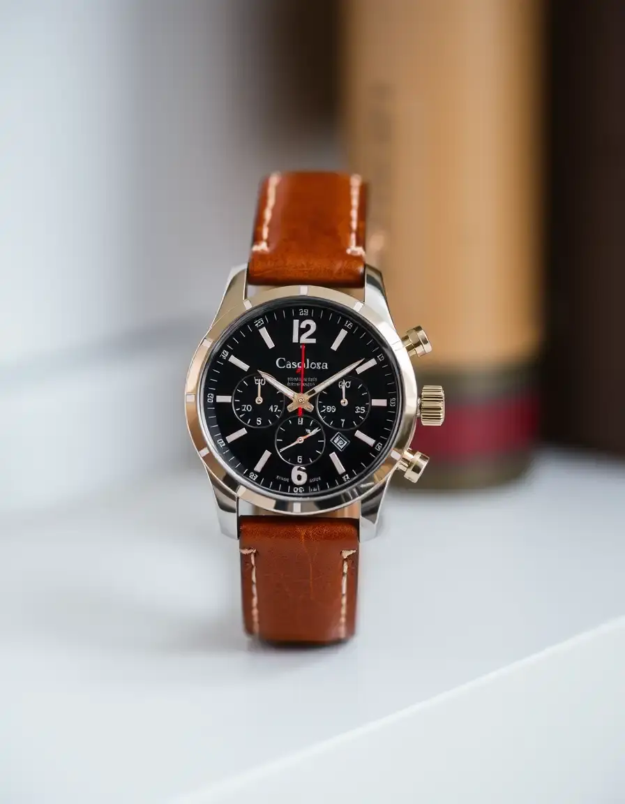 Brown leather chronograph watch for men