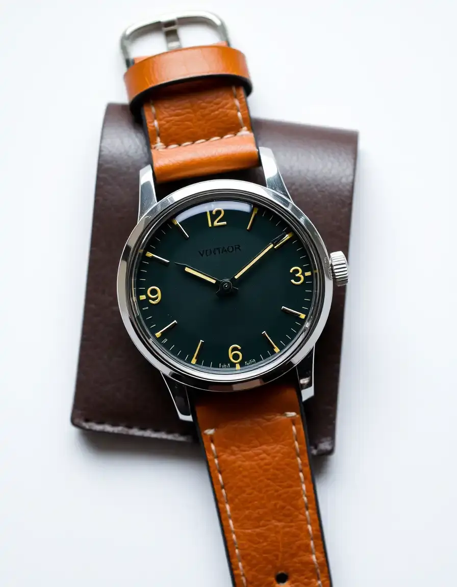 Vintage style watch with tan leather strap