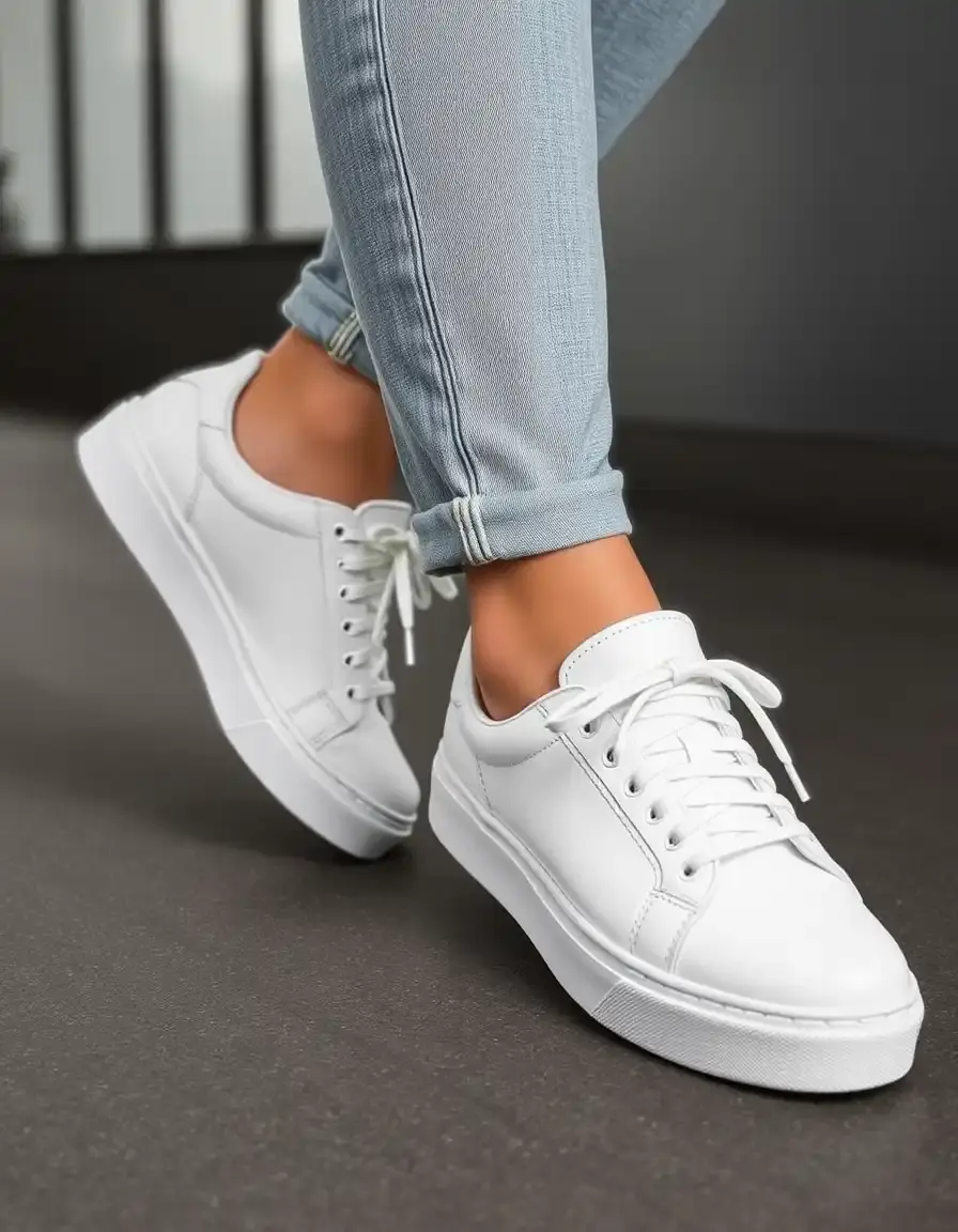Clean white leather low top trainers on a minimalist background