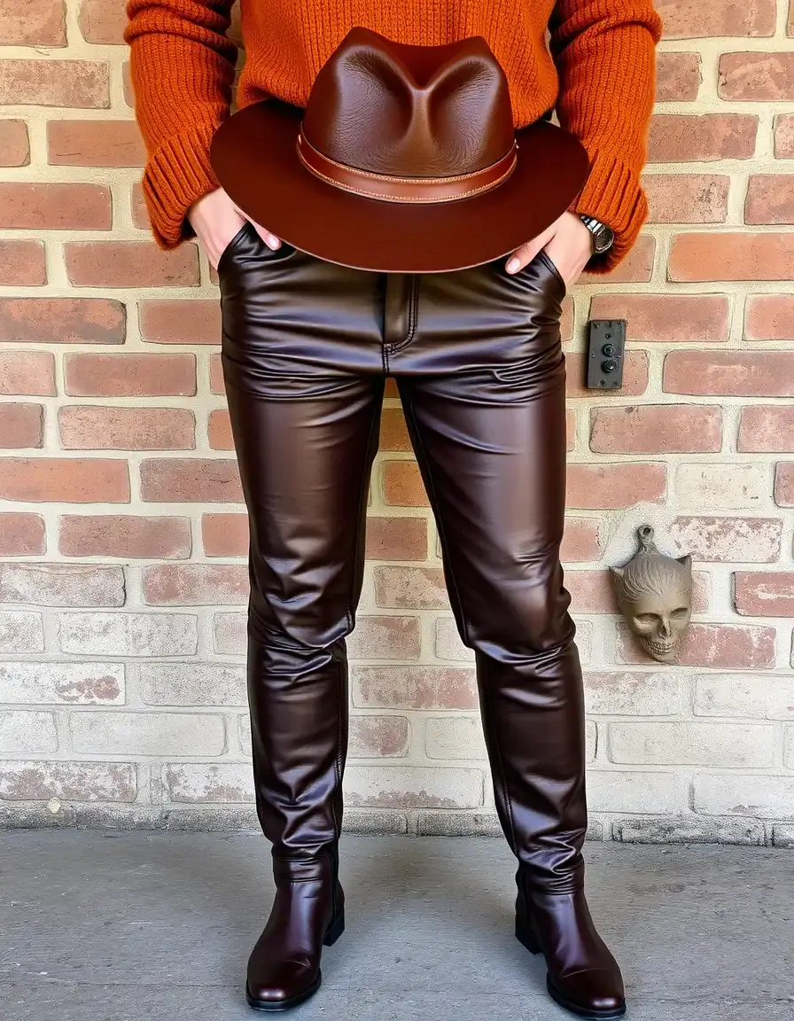 Unique styling of leather pants with a matching leather hat