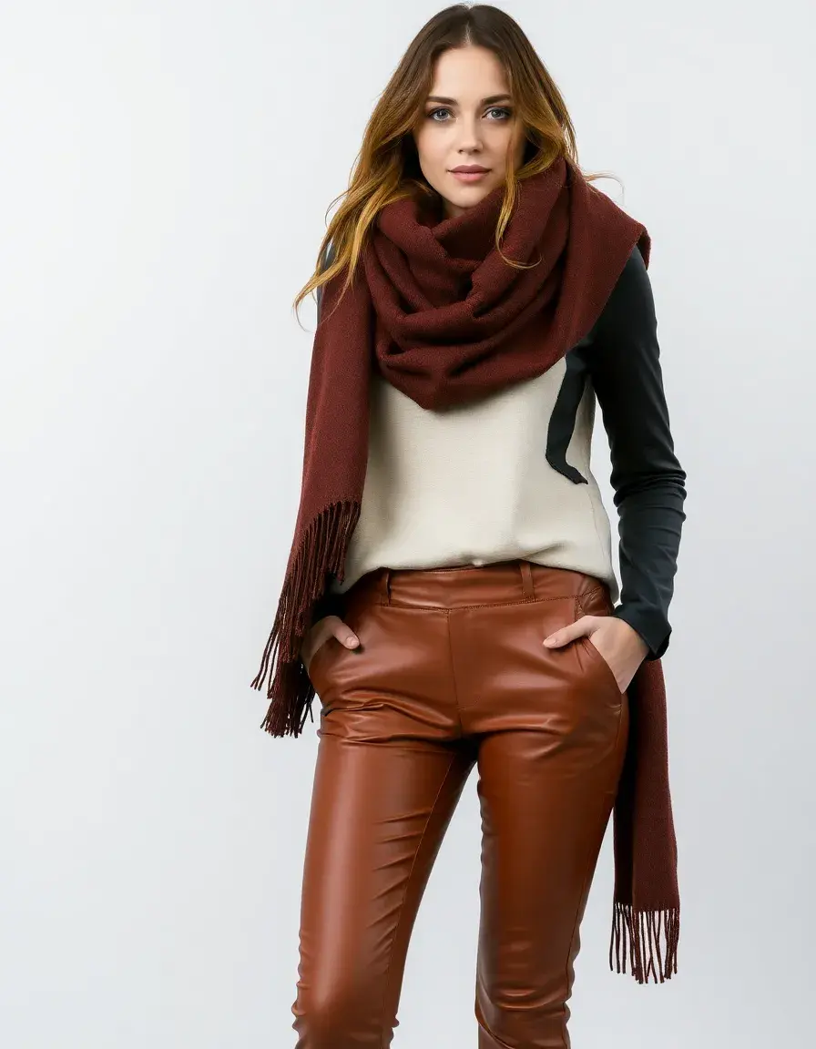 Cozy yet edgy look featuring leather pants and a leather scarf